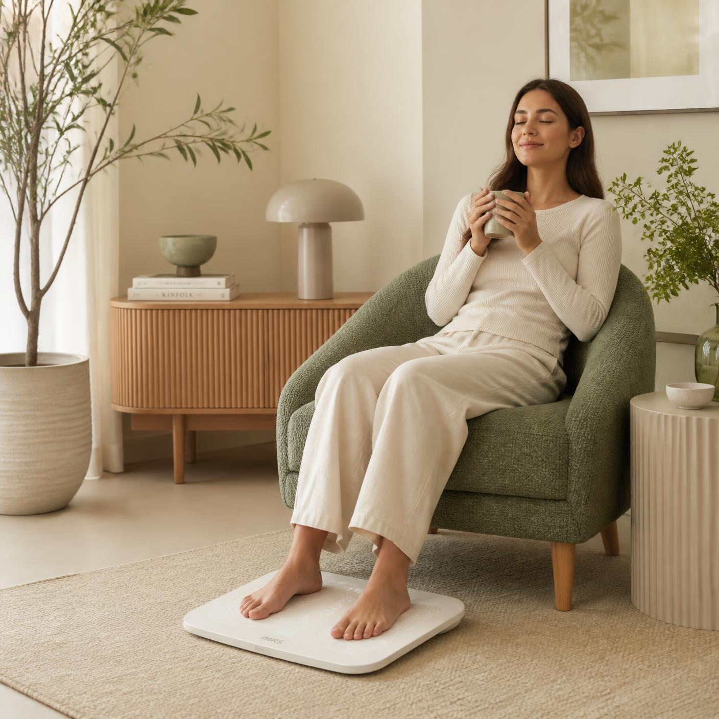 Woman relaxing in a chair with bare feet resting on a PEMF foot device